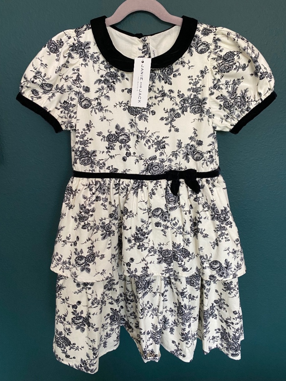 Janie and Jack White and Black Toile Floral Pattern Dress with Velvet - NWT
